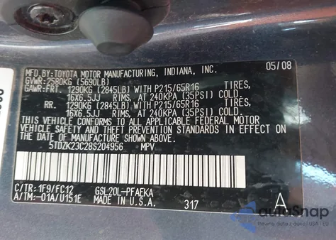 2008 Toyota Sienna Le z USA, uszkodzony, nr VIN 5TDZK23C28S204956